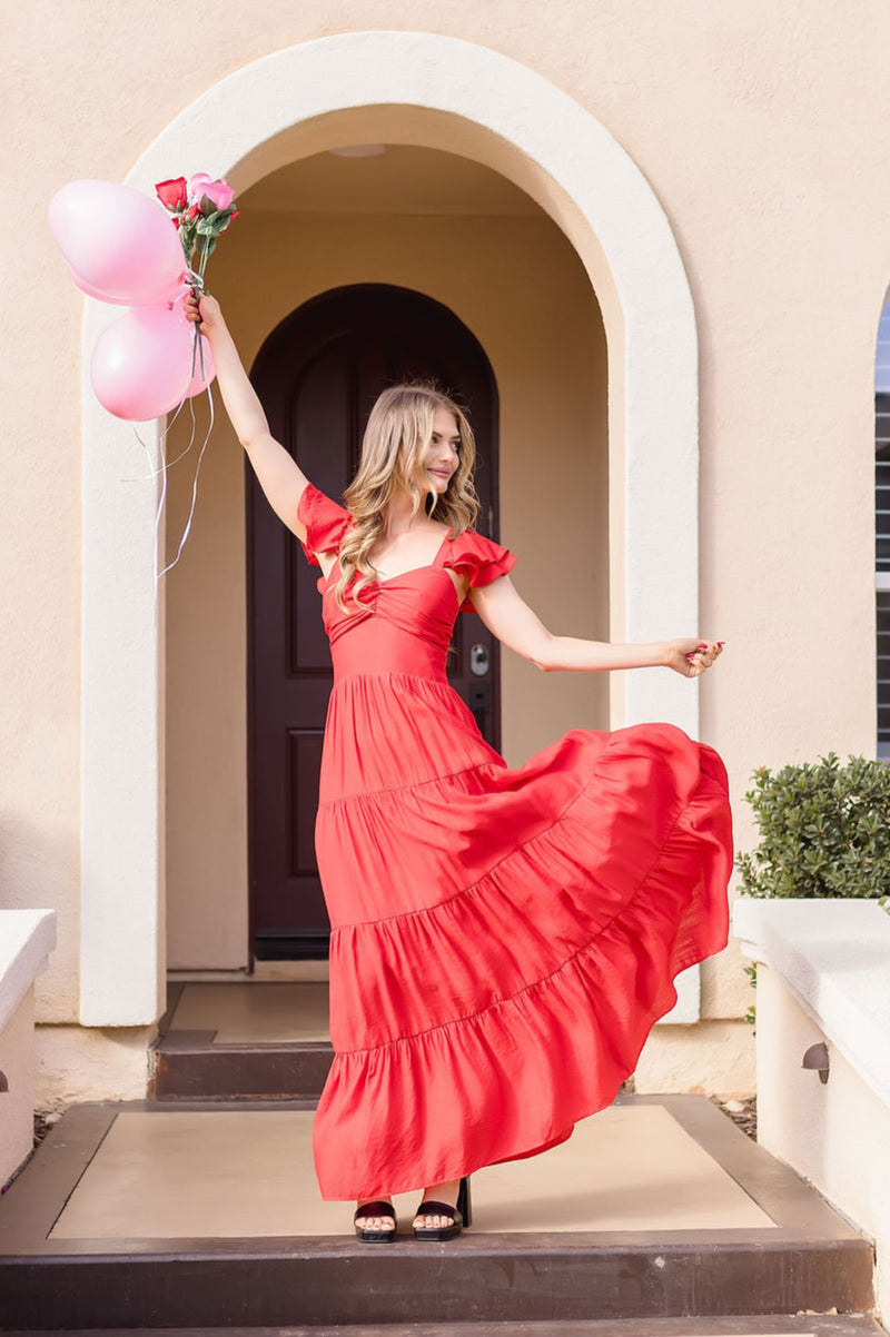 Ruffle Sleeve Maxi Dress Red