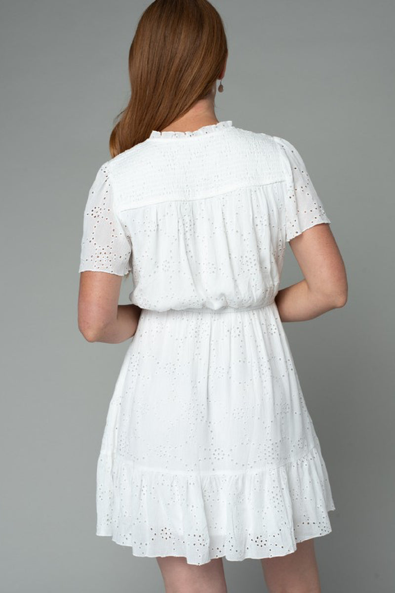 Short Sleeve Eyelet Mini Dress White