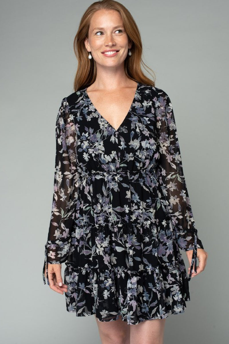 Long Sleeve Floral Print Mini Dress Black