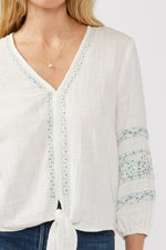  3/4 Sleeve Embroidered Front Tie Top White