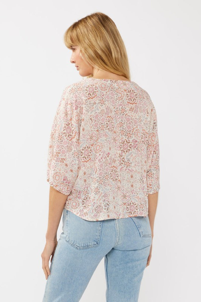  Short Kimono Sleeve Front Tie Floral Print Top Blush