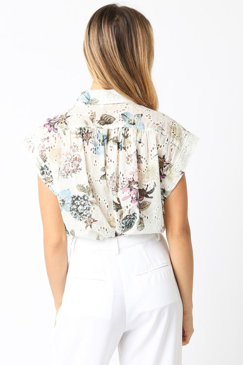 Short Sleeve Button Down Eyelet Floral Print Top Natural