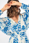 Long Sleeve Open Back Tie Floral Print Mini Dress Blue