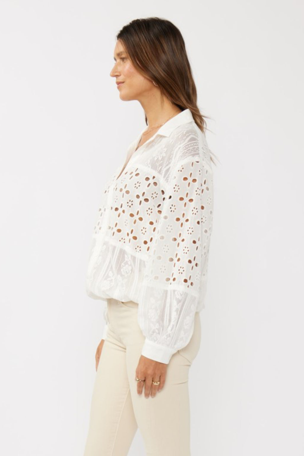 Long Sleeve Embroidered Eyelet Button Down Top White