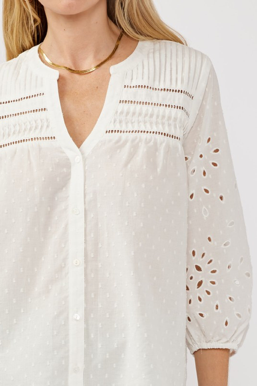 3/4 Sleeve Eyelet Button Down Top White