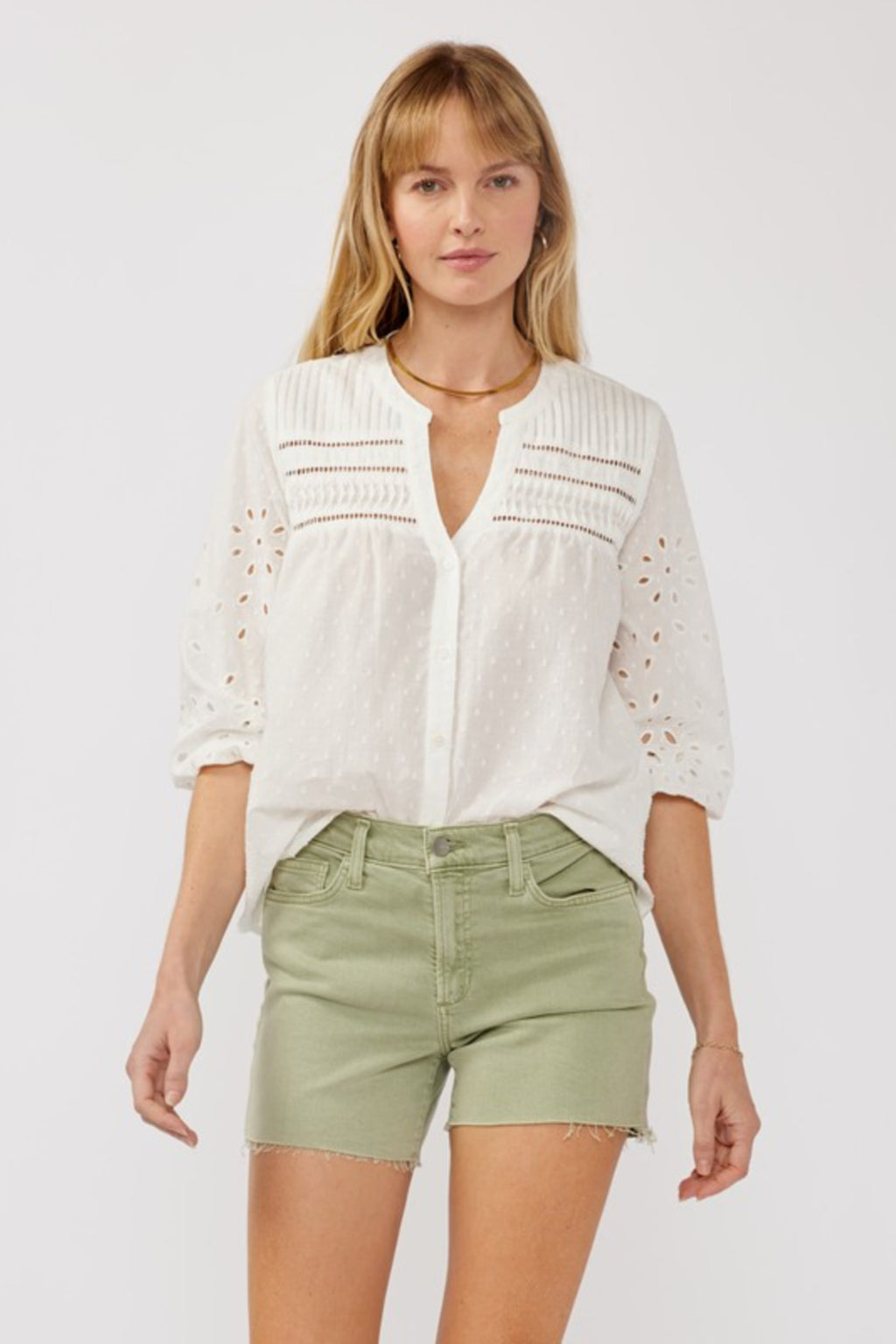 3/4 Sleeve Eyelet Button Down Top White