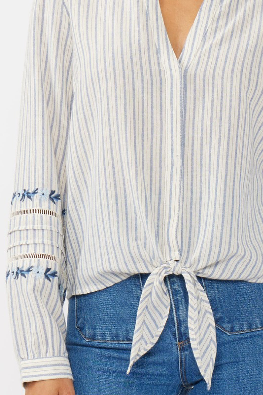 Long Sleeve Front Tie Stripe Print Top Blue