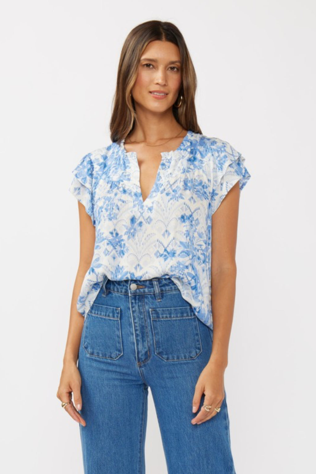 Short Ruffle Sleeve Floral Print Top Blue