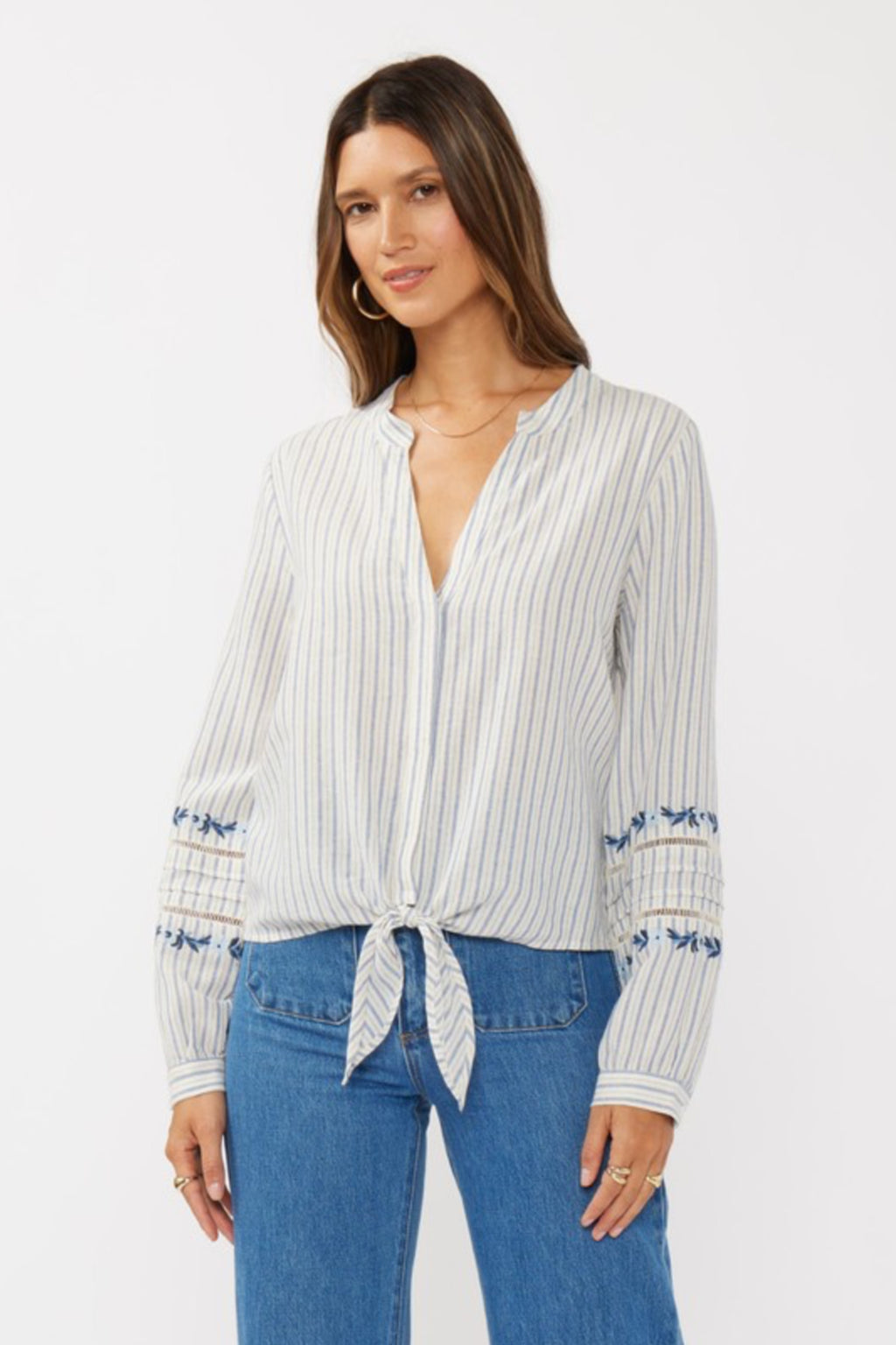 Long Sleeve Front Tie Stripe Print Top Blue