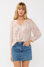 Long Sleeve Button Down Floral Print Top Blush