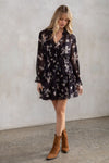 Long Sleeve Floral Print Mini Dress Black