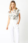 Short Sleeve Button Down Eyelet Floral Print Top Natural