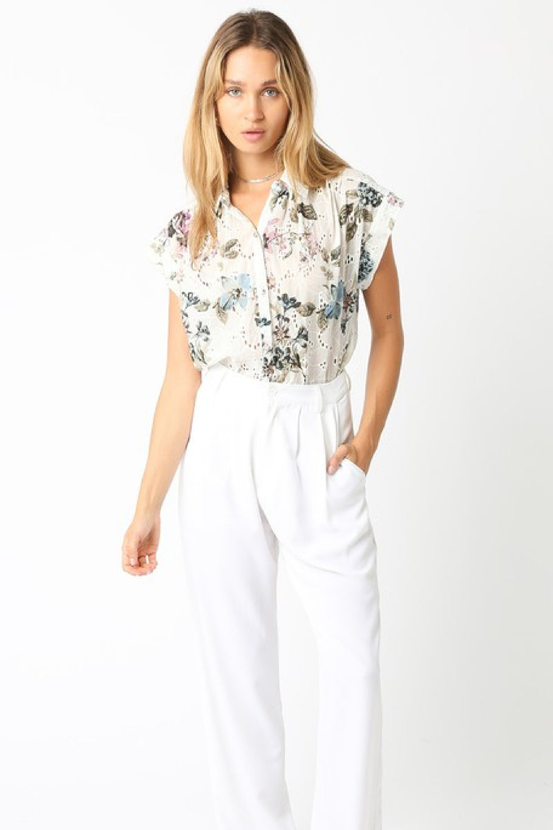 Short Sleeve Button Down Eyelet Floral Print Top Natural