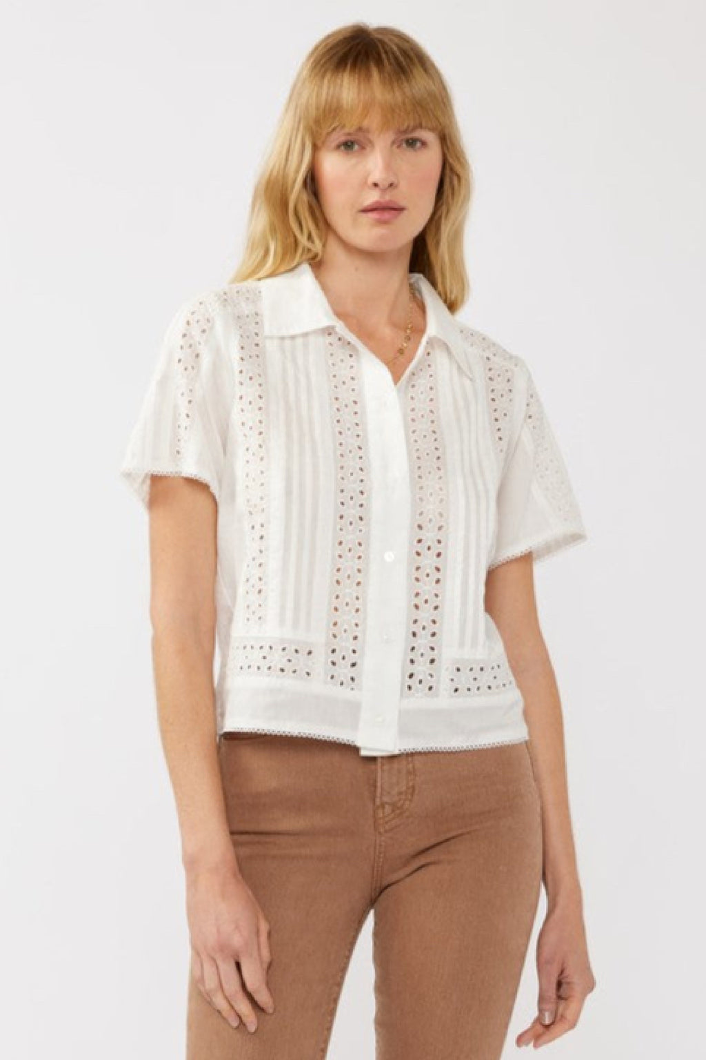 Short Sleeve Button Down Eyelet Trim Top White