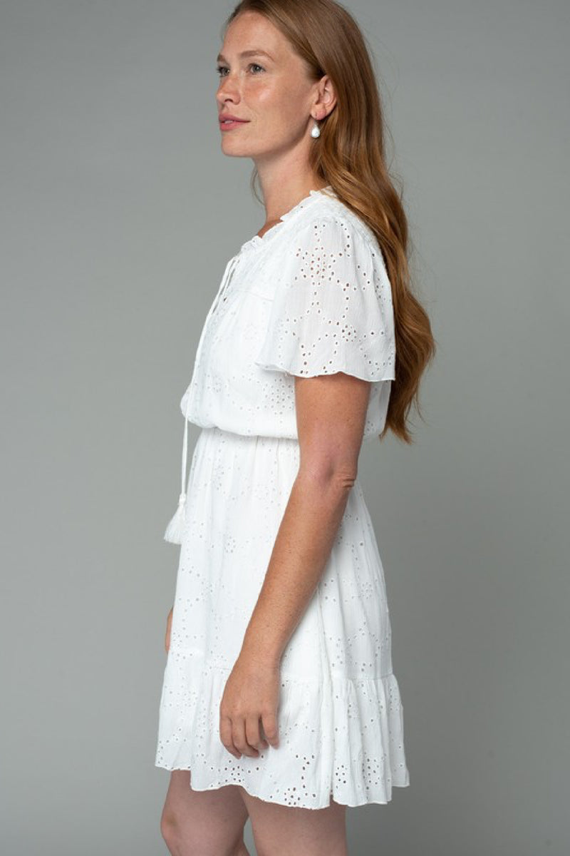 Short Sleeve Eyelet Mini Dress White