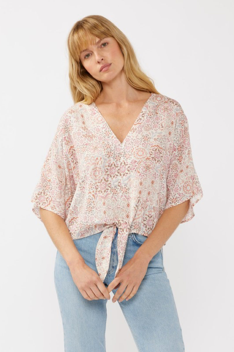  Short Kimono Sleeve Front Tie Floral Print Top Blush