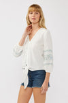  3/4 Sleeve Embroidered Front Tie Top White