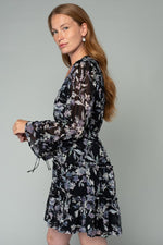 Long Sleeve Floral Print Mini Dress Black