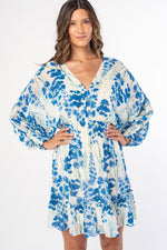 Long Sleeve Open Back Tie Floral Print Mini Dress Blue