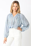 Long Sleeve Button Down Abstract Print Blouse Blue