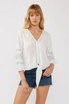  3/4 Sleeve Embroidered Front Tie Top White