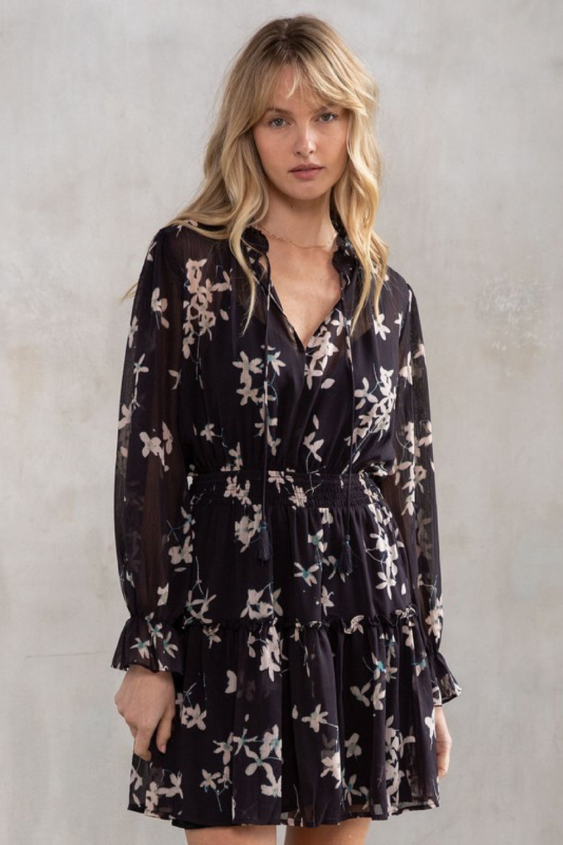 Long Sleeve Floral Print Mini Dress Black