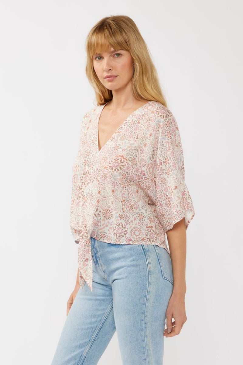  Short Kimono Sleeve Front Tie Floral Print Top Blush