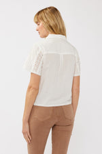 Short Sleeve Button Down Eyelet Trim Top White