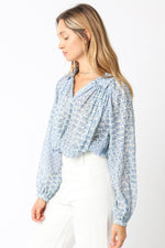 Long Sleeve Button Down Abstract Print Blouse Blue