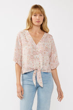  Short Kimono Sleeve Front Tie Floral Print Top Blush