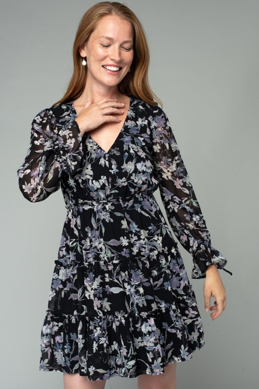 Long Sleeve Floral Print Mini Dress Black