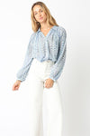 Long Sleeve Button Down Abstract Print Blouse Blue