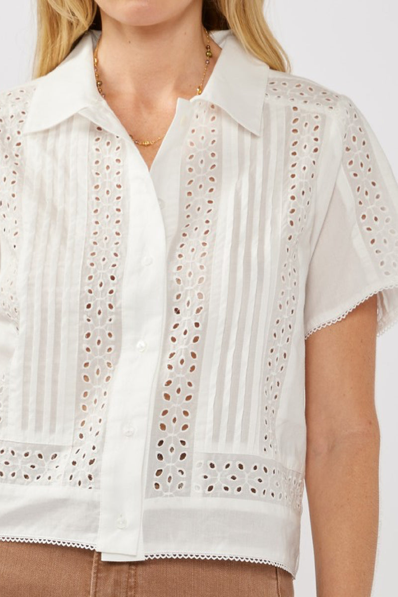 Short Sleeve Button Down Eyelet Trim Top White