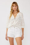 Long Sleeve Button Down Eyelet Top White