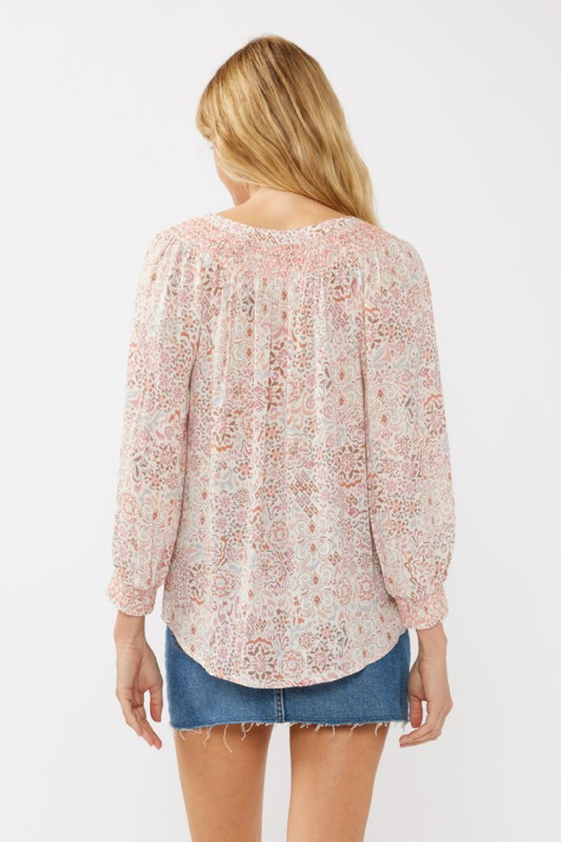 Long Sleeve Button Down Floral Print Top Blush