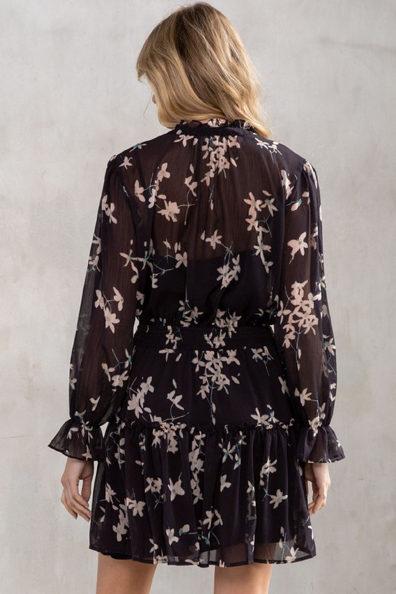 Long Sleeve Floral Print Mini Dress Black