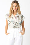 Short Sleeve Button Down Eyelet Floral Print Top Natural