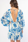 Long Sleeve Open Back Tie Floral Print Mini Dress Blue