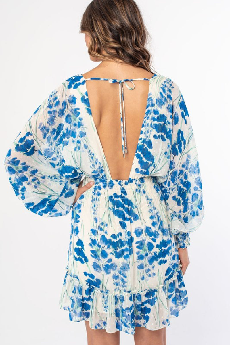 Long Sleeve Open Back Tie Floral Print Mini Dress Blue