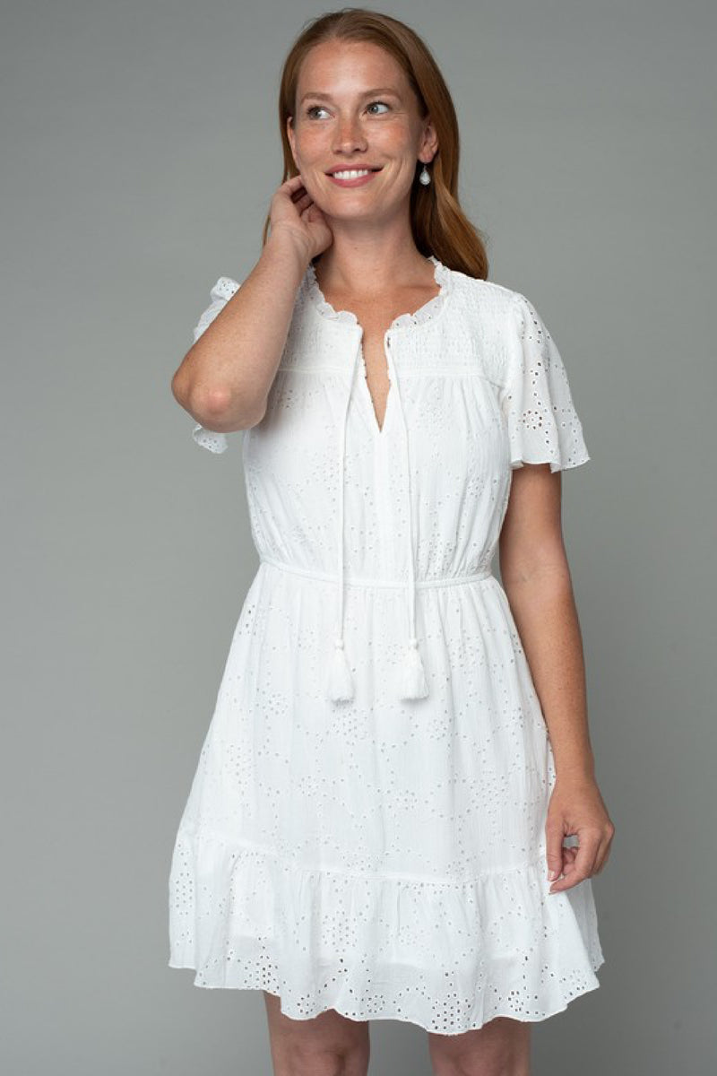 Megan Short Sleeve Eyelet Mini Dress White