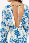 Long Sleeve Open Back Tie Floral Print Mini Dress Blue