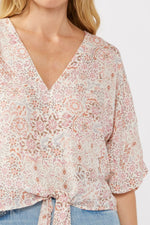  Short Kimono Sleeve Front Tie Floral Print Top Blush