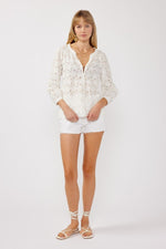 Long Sleeve Button Down Eyelet Top White