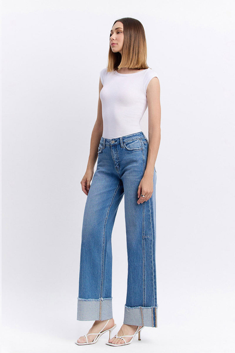 High Rise Cuffed Wide Leg Jeans Medium Wash