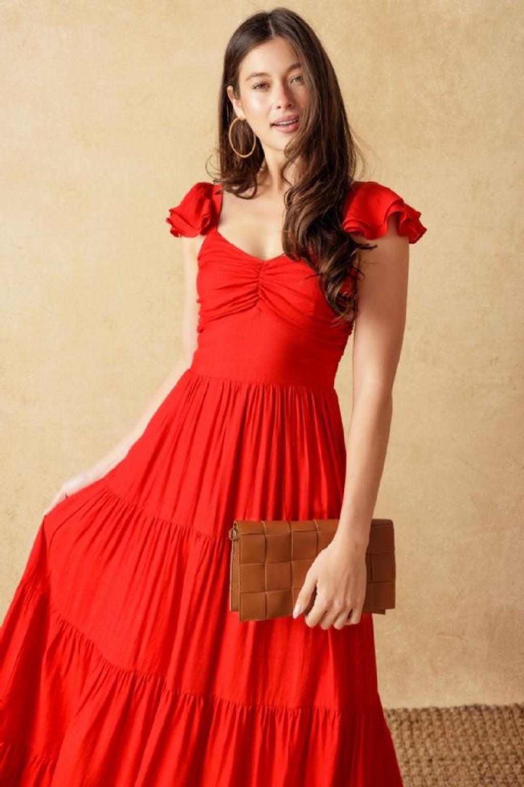 Ruffle Sleeve Maxi Dress Red