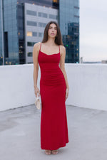 Sleeveless Cowl Neck Ruched Maxi Dress Red