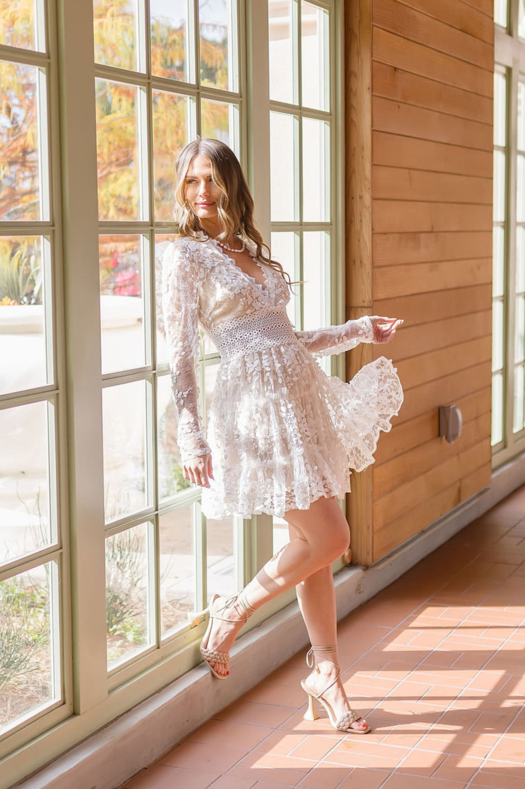  Long Sleeve Lace Crochet Mini Dress White