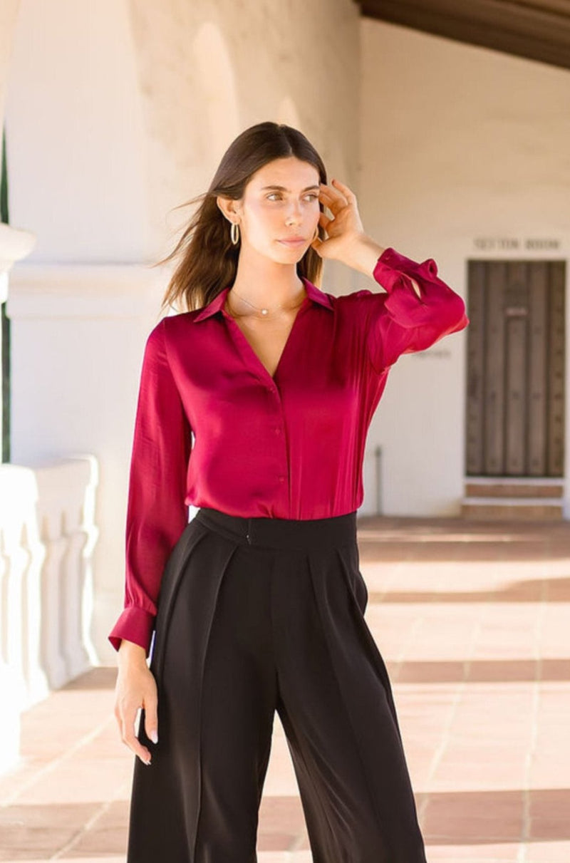 Long Sleeve Button Down Satin Top Burgundy