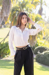  Long Sleeve Elastic Waist Cropped Satin Top White