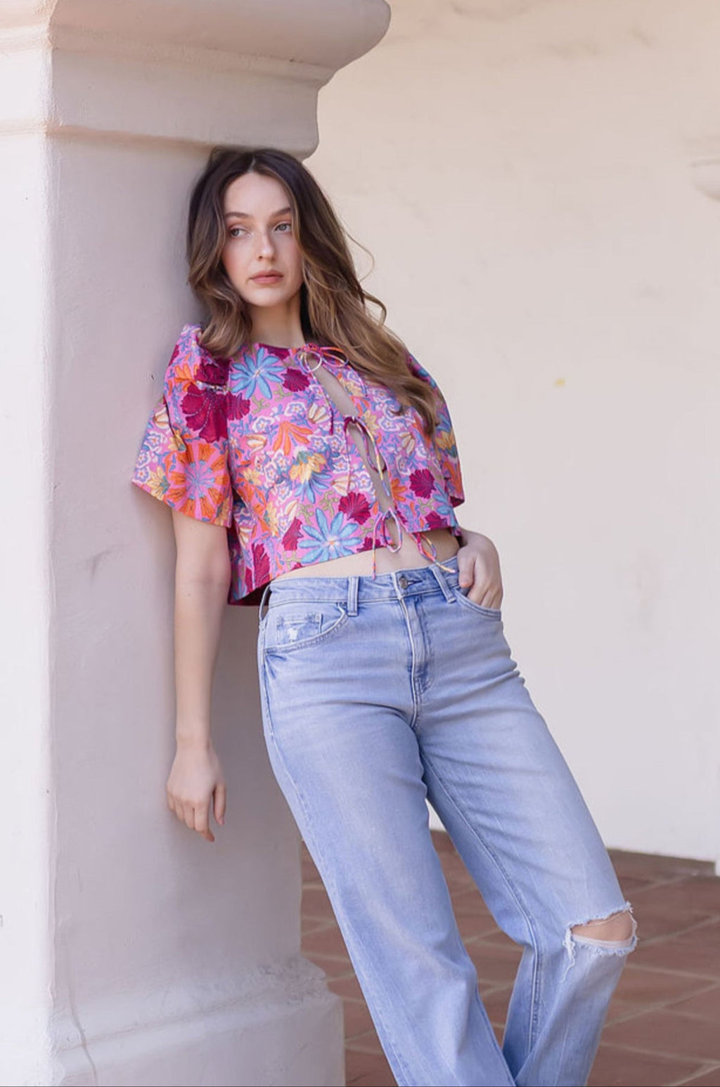 Short Puff Sleeve Front Tie Floral Print Top Pink